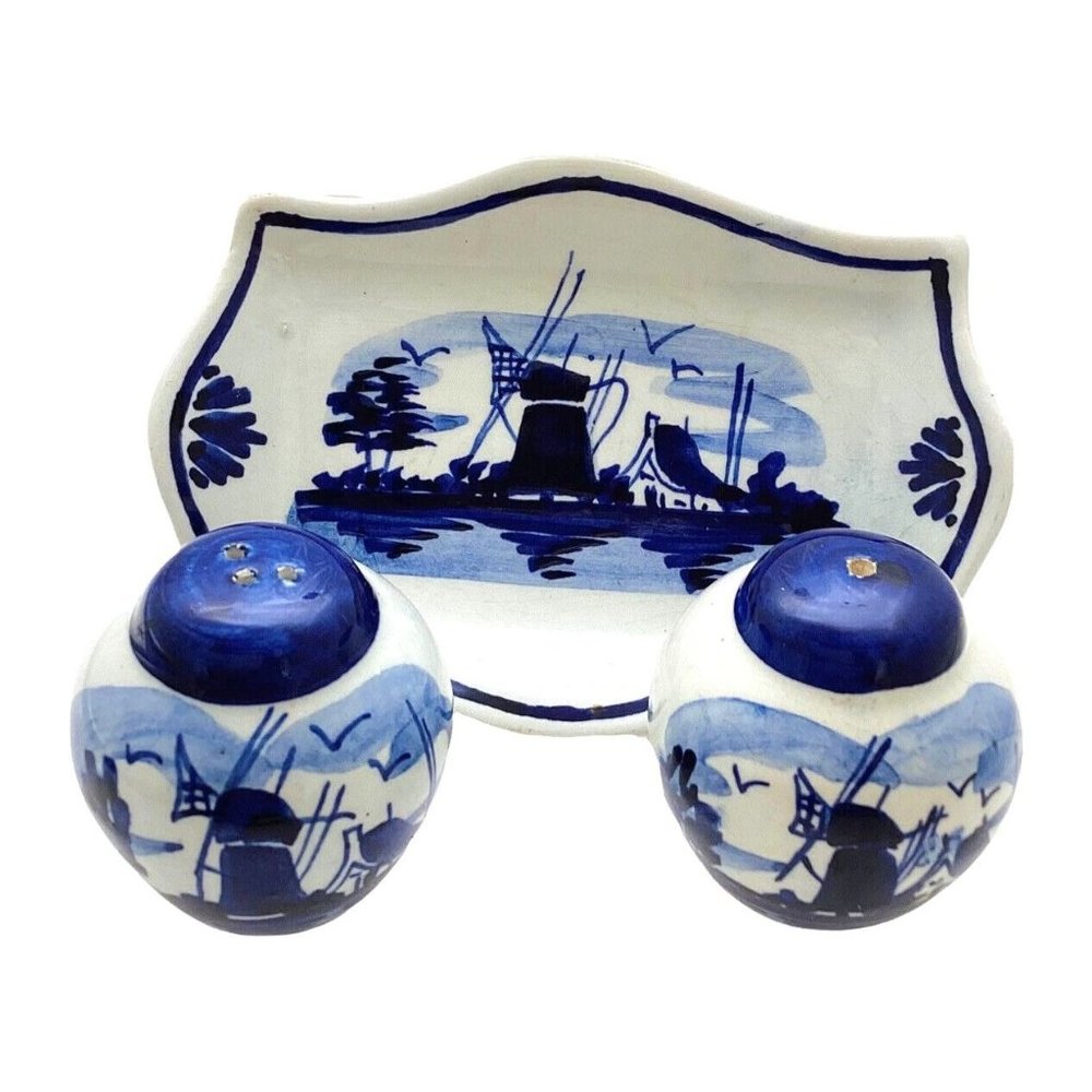 1950s Delfts Mini Salt and Pepper Shakers w/ Tray, Porcelain China , Windmill